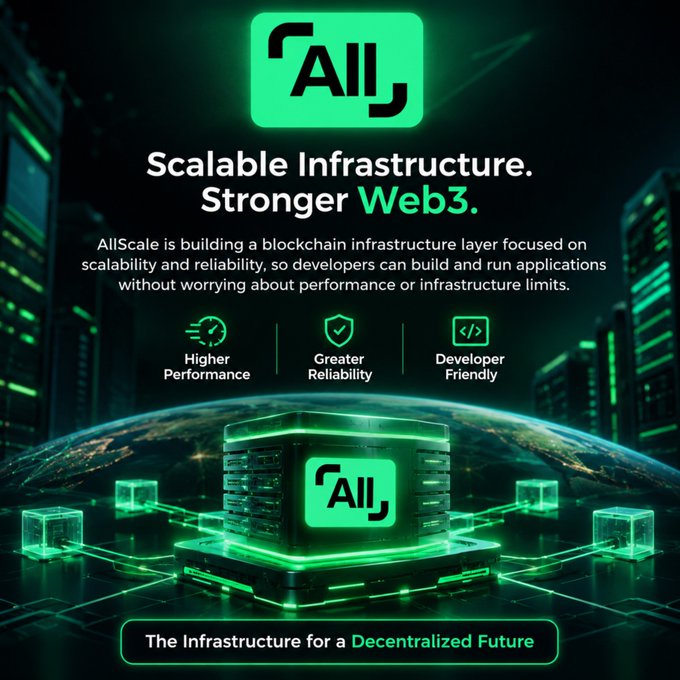 A promotional graphic for AllScale with the text 'Scalable Infrastructure. Stronger Web3.' showing a glowing green cube with the 'All' logo, highlighting 'Higher Performance', 'Greater Reliability', and 'Developer Friendly' features.