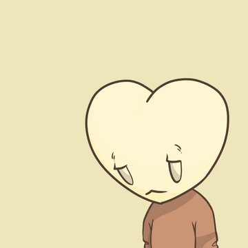 A simple cartoon illustration of a heart-shaped character with a sad, downward-looking face wearing a brown sweater on a pale yellow background.