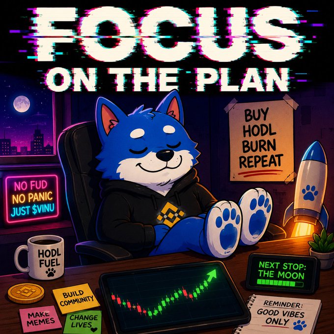 Digital illustration of a cartoon blue husky dog relaxing with its feet up on a desk, surrounded by cryptocurrency-themed items including a 'BUY HODL BURN REPEAT' sign and a rising stock chart, with large text reading 'FOCUS ON THE PLAN.'