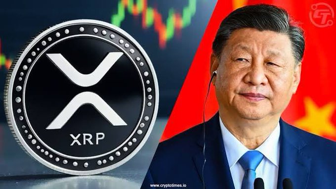 The image features the XRP cryptocurrency logo on a coin to the left and a portrait of Chinese President Xi Jinping to the right, with the text "XRP" and "www.cryptotimes.io" clearly visible.