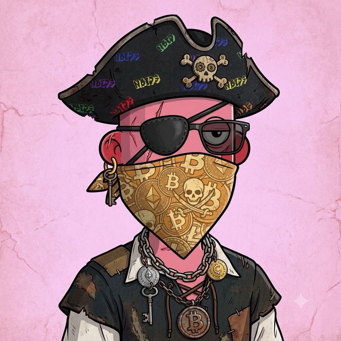 A cartoon pink-skinned pirate character wears a "NFT"-embellished tricorn with a Bitcoin-themed bandana, eye patch, and a necklace featuring an Ethereum coin, a Bitcoin medallion, and a key. The pirate imagery riffs on classic crypto/NFT culture tropes (eye patch, skull-and-crossbones, treasure-coin accessories), fitting the "gm nfts" post's nod to NFT and crypto enthusiast humor.