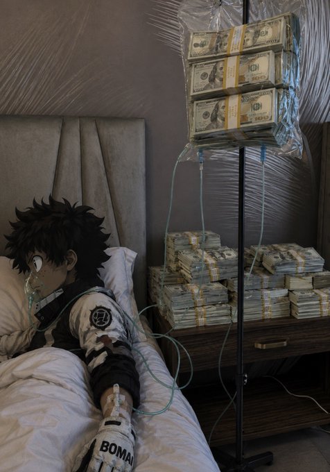 An anime-style illustration showing a dark-haired character in a white jacket lying in bed with an oxygen tube, connected to an IV stand where the fluid bag has been replaced with stacks of banded US $100 bills.