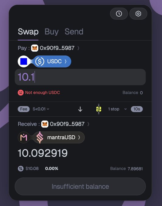 The image shows a Squid Router swap interface attempting to exchange 10.1 USDC for approximately 10.092919 mantraUSD on the address 0x90f9...5987, but displays an "Insufficient balance" error since the USDC balance is 0. This illustrates the post's point about using Squid Router to bridge assets into MANTRA Chain's mantraUSD, though in this case the user lacks the USDC needed to complete the swap.