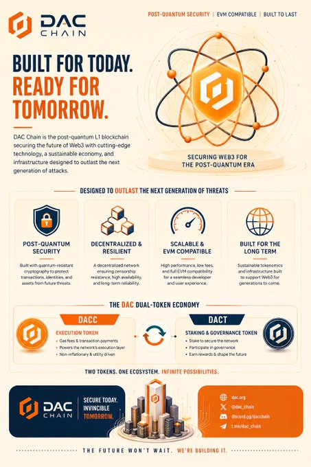 DAC Chain infographic titled 'Built for Today. Ready for Tomorrow' promoting post-quantum security for Web3, featuring sections on Post-Quantum Security, Decentralized & Resilient, Scalable & EVM Compatible, and the dual-token economy (DACC and DACT).