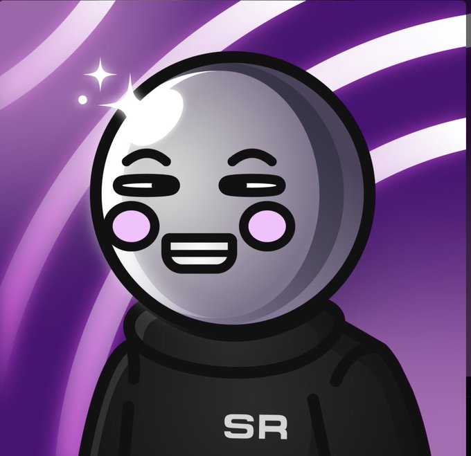 An illustration of a silver-mirrored character with a cheerful expression wearing a black shirt with 'SR' on it, set against a swirled purple background.