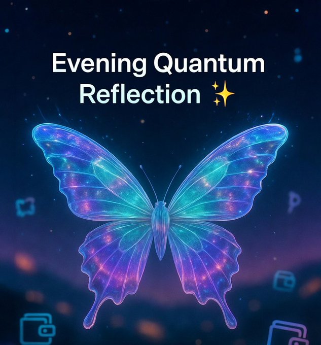 The image features a butterfly with blue wings against a purple sky background. The text "Evening Quantum Reflection" is written above the butterfly, and there are several other butterflies scattered throughout the scene. The image also includes various objects such as a wallet, a cell phone, and a computer mouse.