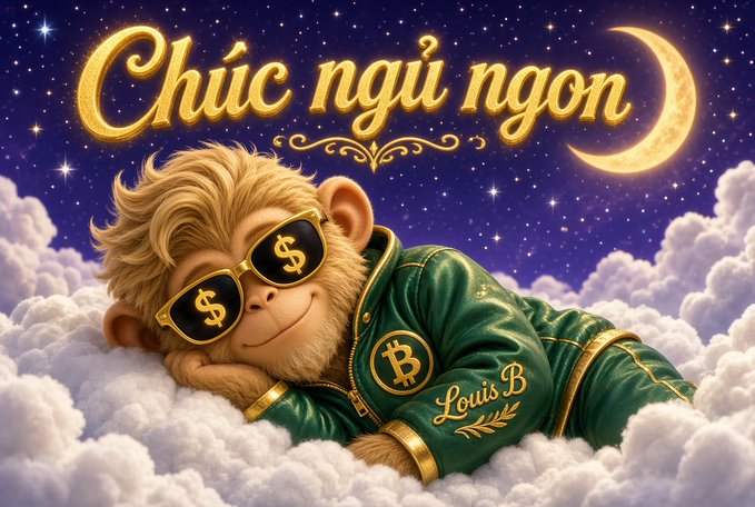 A cartoon illustration of a monkey wearing dollar-sign sunglasses and a green 'Louis B' jacket, sleeping on clouds under a crescent moon, with golden text reading 'Chúc ngủ ngon' (Vietnamese for 'Sleep well').