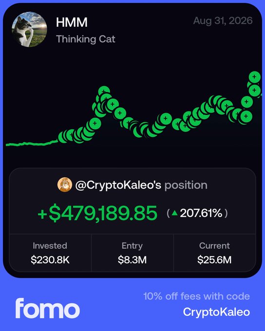 A social media post by "Thinking Cat" (HMM) from Aug 31, 2026 shows a steadily rising green price chart of $HMM alongside a highlighted position of @CryptoKaleo, who is up +$479,189.85 (▲207.61%) on $230.8K invested with an $8.3M entry and $25.6M current value, reinforcing the post's message about consistently accumulating $HMM while it trades in its current range, with a promo offering 10% off fees using code "CryptoKaleo" via fomo.family.