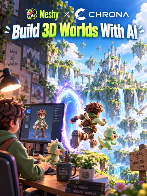 A colorful promotional poster for 'Meshy × CHRONA' titled 'Build 3D Worlds With AI', depicting a 3D artist working at a desk with floating islands, a castle, and a dragon emerging from a portal.