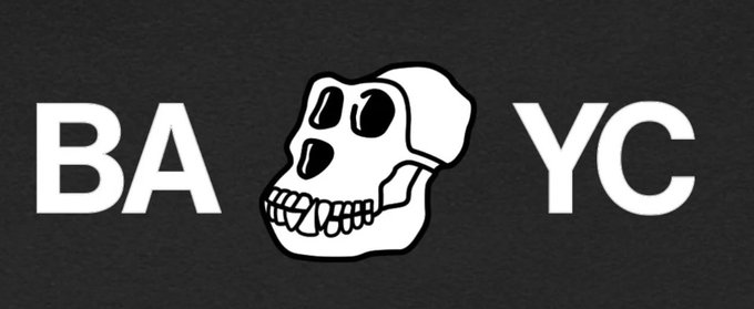 A dark gray background displays the text "BA YC" in bold white letters, with a stylized white ape skull replacing the letter "O" to spell out "BAYC" — referencing the Bored Ape Yacht Club. This matches the post announcing the "HYPEBEAST YACHT CLUB" and the sticker the user received at Token2049 in Singapore.