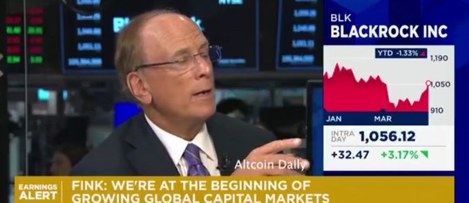 BlackRock CEO Larry Fink appears on CNBC's "Earnings Alert" segment, with on-screen graphics showing BLK BlackRock Inc. stock at $1,056.12 (up +3.17% intraday, -1.33% YTD), under the headline "Fink: We're at the beginning of growing global capital markets." The image complements the post's theme by visually presenting Fink, whose comments on buying dips reinforce the narrative of growing institutional confidence in markets—context that parallels the post's suggestion that Wall Street may still be in early stages of Bitcoin adoption.