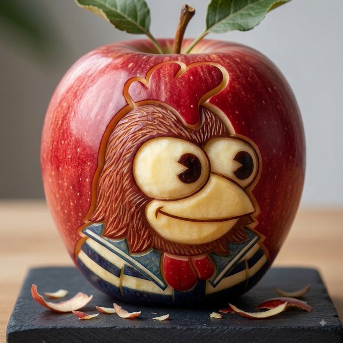 An intricately carved apple revealing a detailed image of a cartoonish monkey or character with large eyes and a smile, sitting on a black slate board with apple peel scraps around it.