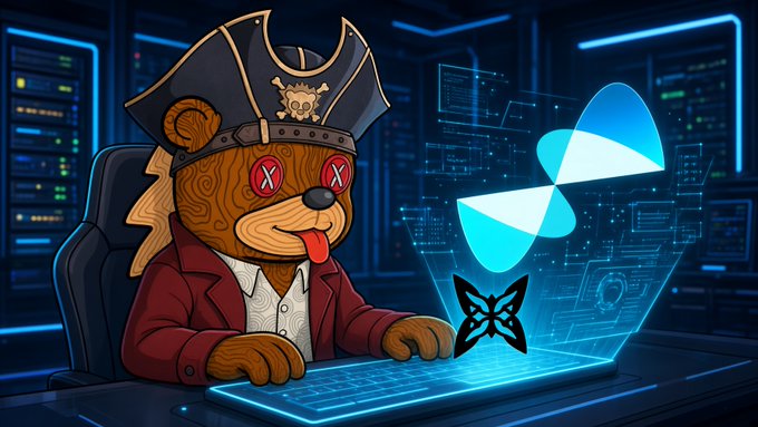 A digital illustration of a pirate-themed teddy bear with X-shaped eyes working on a glowing laptop, with a blue butterfly-like logo displayed on the screen.