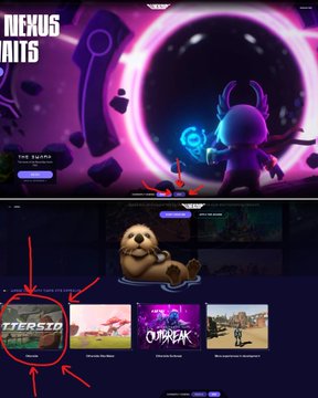 A mobile game promotional screen for 'NEXUS WAITS' features character art and game thumbnails, with red arrows pointing to 'TTERSID' and other UI elements.