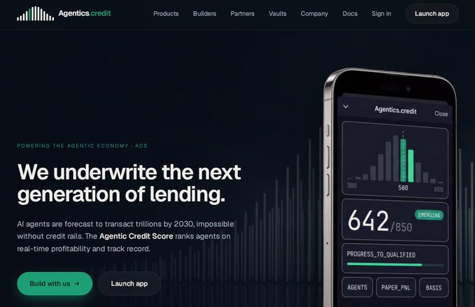 A website hero section for 'Agentics.credit' with the headline 'We underwrite the next generation of lending,' describing their Agentic Credit Score (ACS) system alongside a phone mockup.