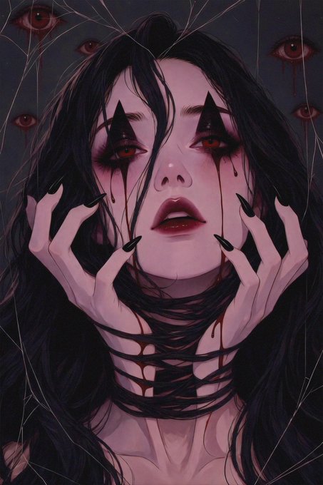 A dark, surreal illustration shows a pale woman with red eyes, long black hair, claw-like nails, and black ribbon-like strands around her neck and face.