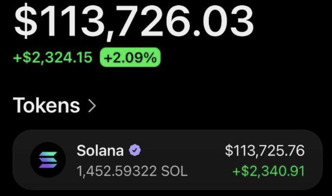 The image displays a wallet holding 1,452.59322 SOL valued at $113,726.03, showing a gain of +$2,324.15 (+2.09%) in green, with Solana up +$2,340.91. It appears to illustrate the post's claim of portfolio growth from a $63 investment, though the $123,732 figure mentioned in the caption isn't directly shown in this particular screenshot.