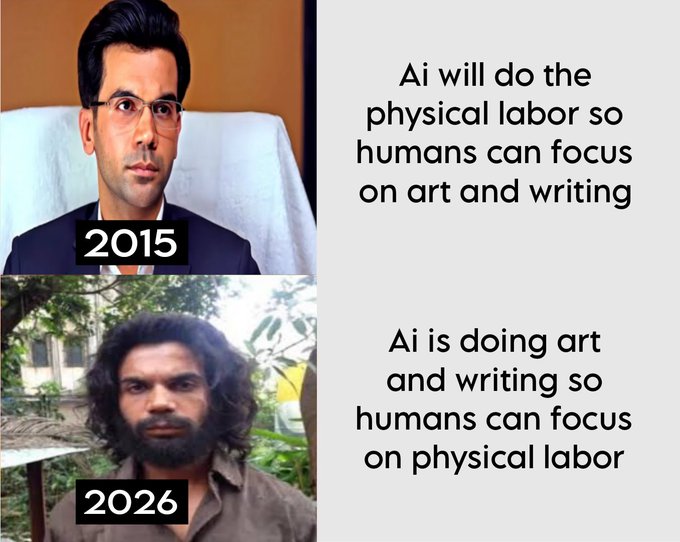A two-panel meme contrasting a well-dressed man in 2015 stating 'Ai will do the physical labor so humans can focus on art and writing' with a disheveled man in 2026 showing the opposite outcome: 'Ai is doing art and writing so humans can focus on physical labor'.
