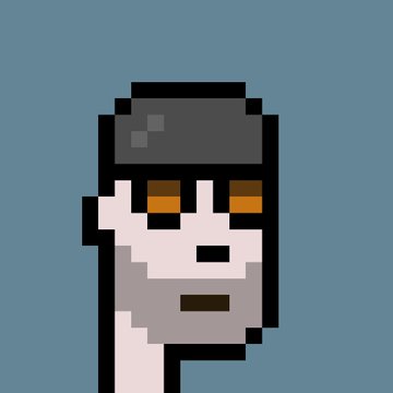 A pixel art character with brown eyes, a gray beard, and dark hair set against a blue-gray background.