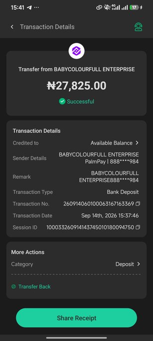 A mobile screenshot of a successful transaction receipt showing a transfer of ₦27,825.00 from 'BABYCOLOURFULL ENTERPRISE' to a PalmPay account, dated Sep 14th, 2026.