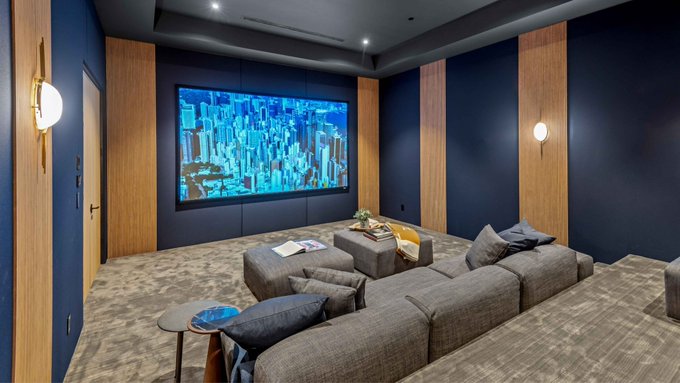 A modern home theater room features a large screen displaying a vibrant cityscape, surrounded by plush gray sectional sofas and warm wood paneling. The setting suggests a comfortable, upscale lifestyle focused on leisure, which contrasts with the post's humorous observation about single friends investing in Solana versus married friends investing in traditional assets like stocks and real estate.