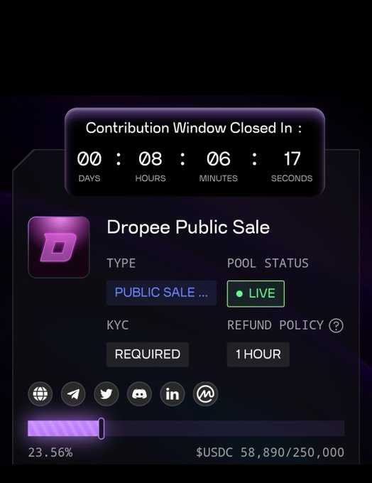 The image shows a purple screen with information related to Dropee Public Sale, including details such as the time of the sale, pool status, and required payment methods. The text indicates that the sale has been closed in the last hour, which suggests that the user might have already completed their purchase or is about to do so. The post also mentions a convergence of narratives on TON, implying that the story behind the sale is becoming more focused towards one particular outcome. This could be due to the popularity and success of the sale, leading to an increase in demand for Dropee Public Sale products.