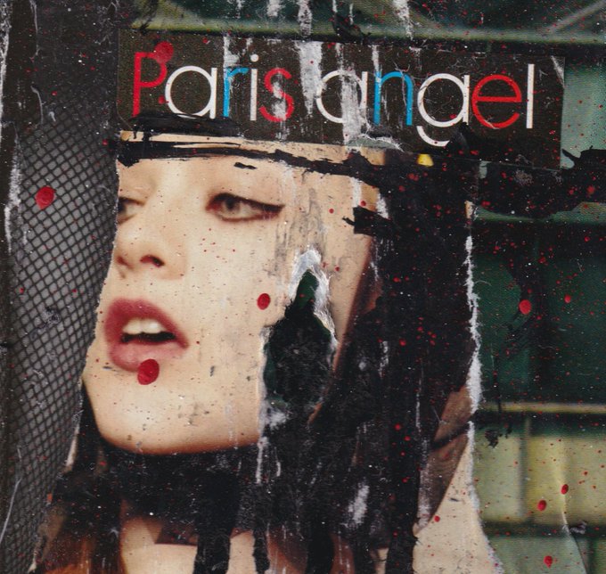 An artistic collage-style cover image with the text 'Parisangel' at the top, featuring a torn photo of a woman's face with red splatter effects.