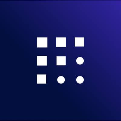 A minimalist logo on a dark blue gradient background featuring a grid of white squares and circles arranged in a 3x3 pattern.