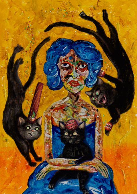 An expressive painting depicts a figure with bright blue hair surrounded by three black cats against a vivid yellow background, with the central cat wearing a pink hat.