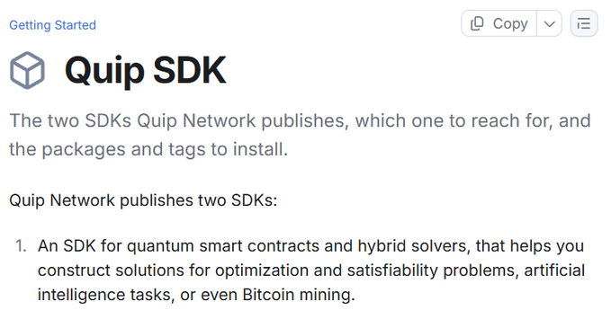 A screenshot of a documentation page titled 'Quip SDK' from 'Getting Started', describing two SDKs Quip Network publishes for quantum smart contracts, optimization, and Bitcoin mining.