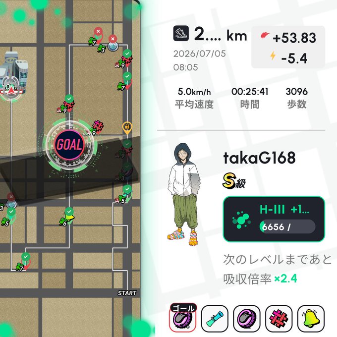 Pikmin Bloom style app screenshot showing a route to GOAL with stats 2 km in 25:41 (5.0 km/h, 3096 steps), dated 2026/07/05 08:05, for player takaG168 (S rank) with H-III +1.. 6656/..