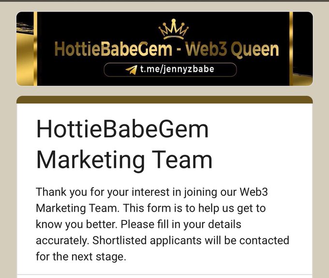 A recruitment form titled 'HottieBabeGem Marketing Team' with a header banner reading 'HottieBabeGem - Web3 Queen' and a Telegram link t.me/jennyzbabe.