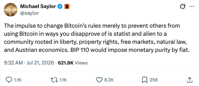 A tweet from Michael Saylor (@saylor) dated July 21, 2026 criticizing BIP 110 as statist and contrary to Bitcoin's libertarian principles, with 621.8K views.