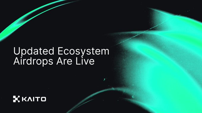 A Kaito announcement graphic with the text 'Updated Ecosystem Airdrops Are Live' displayed over abstract green glowing wave designs on a black background.