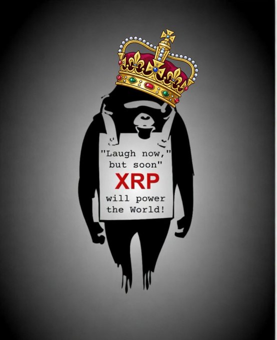 A black gorilla wearing a gold crown holds a sign reading *"Laugh now," but soon XRP will power the World!*

The image ties to the post's bullish narrative by symbolizing a looming transformation in global finance—much like a powerful, crowned figure underestimated in the present—the text suggests XRP's role in Japan's financial modernization is being dismissed but will soon dominate, mirroring the gorilla's regal posture and confident declaration.