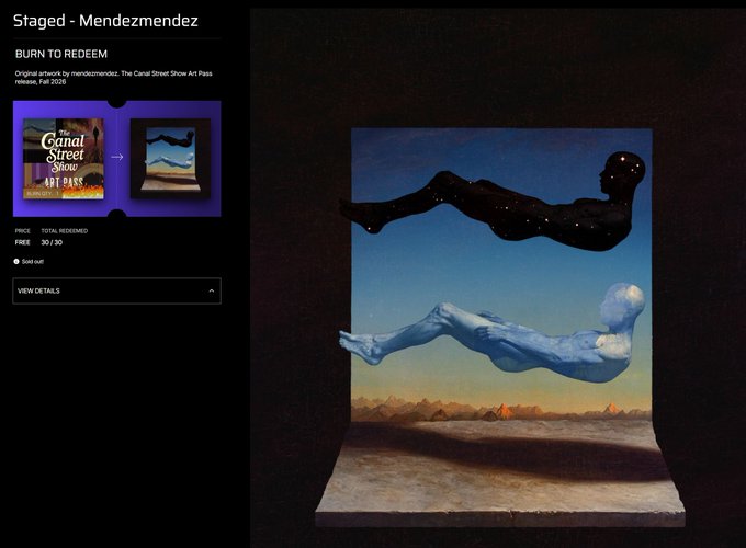 A webpage displaying artwork titled "Staged - Mendezmendez" and "BURN TO REDEEM" shows two humanoid figures—one black and starry, one light blue—appearing to float horizontally against a desert landscape.