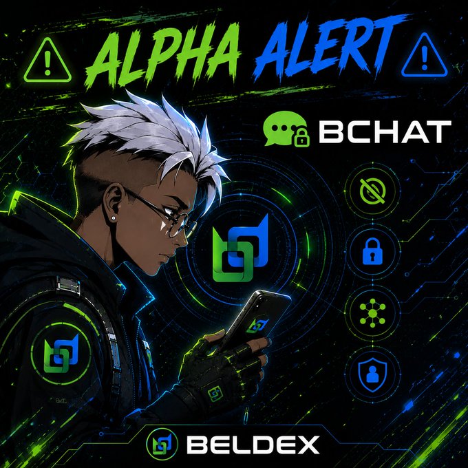A cyberpunk-styled graphic titled "ALPHA ALERT" promotes BChat by Beldex (BELDEX), featuring a silver-haired character examining a smartphone alongside icons highlighting privacy features like no-tracking, encryption, and anonymity—visually reinforcing the post's message about BChat's phone-number-free, privacy-focused messaging experience.