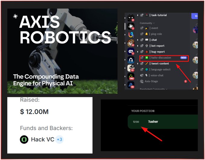 A promotional image for "AXIS ROBOTICS" labeled "The Compounding Data Engine for Physical AI," showing $12.00M raised from backers including Hack VC, with Discord community navigation visible.