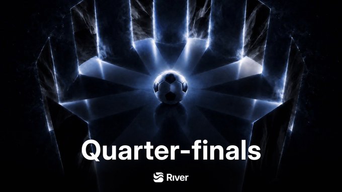 A dramatic soccer ball sits center stage under bright stadium lights, with bold text reading "Quarter-finals" and the "River" logo, visually promoting RiverdotInc's World Cup Voting Challenge where users can stake on the final 8 teams for a share of 150,000.