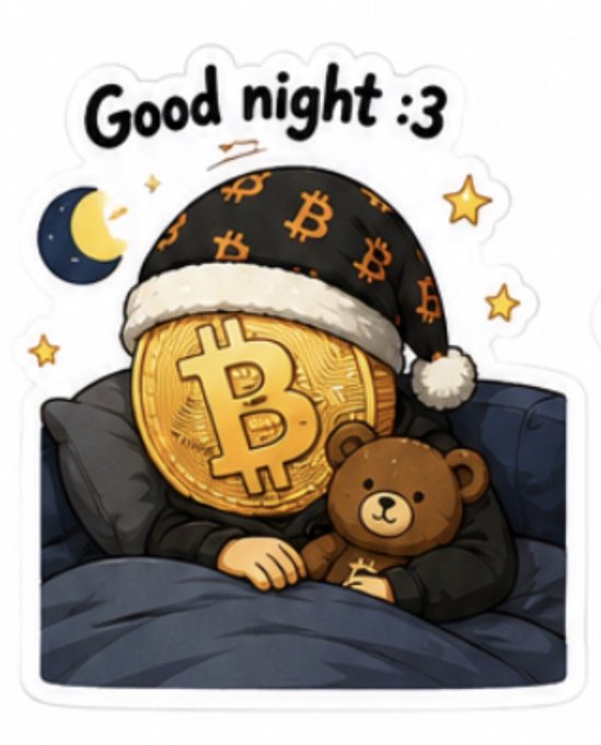 A cartoon sticker of a Bitcoin character wearing a Bitcoin-patterned nightcap, holding a teddy bear in bed, with a moon and stars and the text 'Good night :3'.
