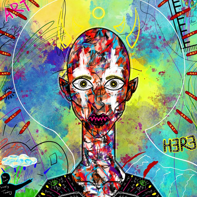 The image features a colorful, abstract portrait of a person with red lips and eyes, surrounded by various elements such as clocks, arrows, and other symbols. The background includes a mix of blue, yellow, green, and black colors. The caption reads "VOID SAINTS ACTIVE" which suggests that the image is related to the concept of emptiness or voids in life. The post also mentions emotions like anger, loneliness, overthinking, detachment, chaos, and confusion as potential factors controlling our lives.