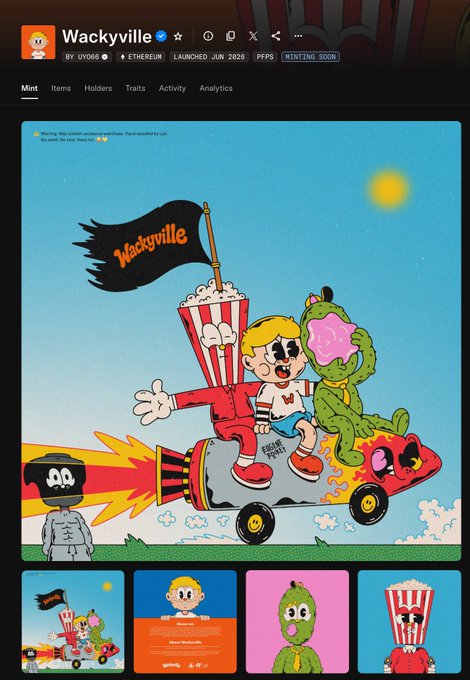 Wackyville NFT collection page on OpenSea/Magic Eden, launched Jun 2026 on Uvogs (Ethereum), featuring cartoon characters in a rocket-powered car with a popcorn bucket and dinosaur.