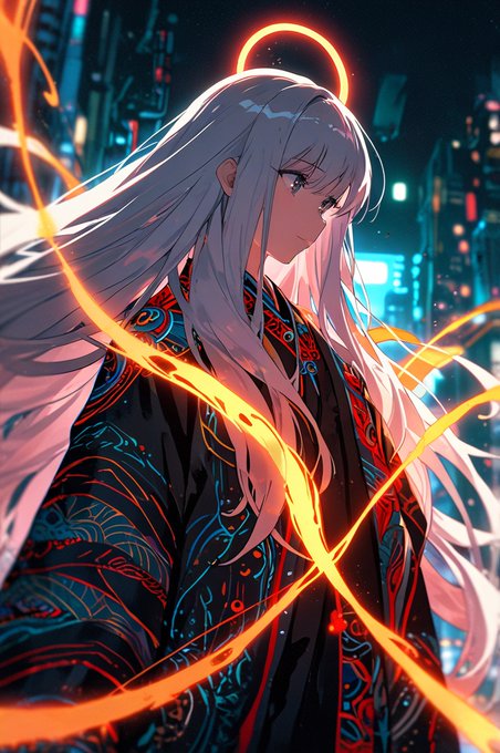 An anime-style digital illustration of a woman with long white hair, a glowing orange halo, and a black kimono with red and blue patterns, set against a neon city background.