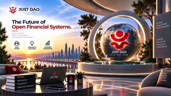 A promotional graphic for 'JUST DAO - The Future of Open Financial Systems' featuring a futuristic cityscape with a large glowing globe displaying the brand's angel logo, alongside text about finance, innovation, community, and stronger economies.