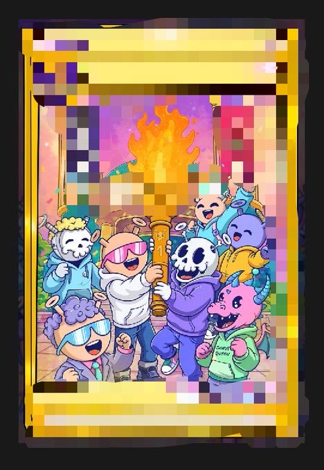 A colorful trading card, appearing to be from the game My Little Pony, features cartoon pony characters holding an Olympic torch with a flaming fire.