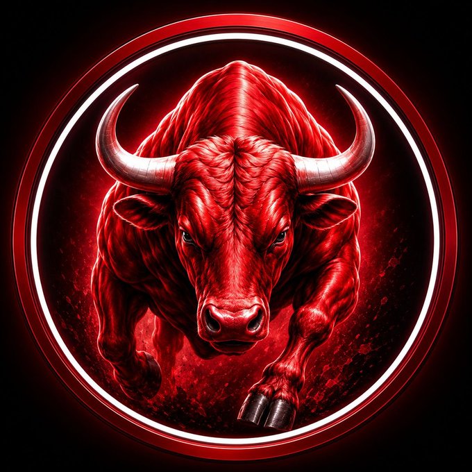 A fierce red bull charges forward within a glowing red circular emblem, symbolizing the bullish momentum of $REDBULLSOL as it debuts on the Solana blockchain.