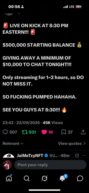 A screenshot of a tweet from @JaiMeTzyNFT announcing a live Kick stream at 8:30 PM Eastern with a $500,000 starting balance and giveaways, posted on 22/09/2026.