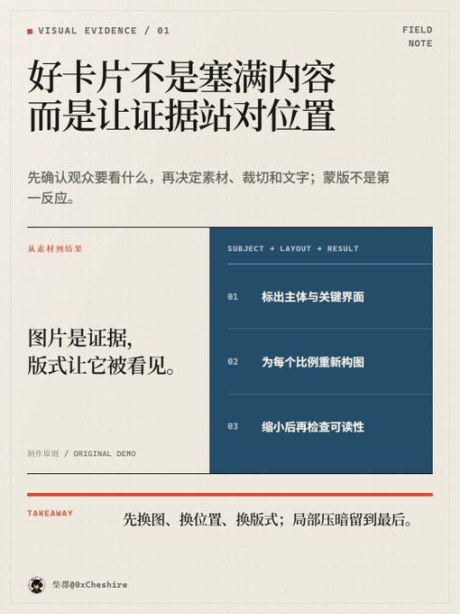 A design field note titled "VISUAL EVIDENCE / 01" with Chinese text discussing layout principles, featuring sections like "SUBJECT → LAYOUT → RESULT" and a takeaway about keeping local compression to the end.