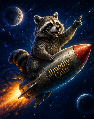 Digital illustration of a raccoon riding a rocket labeled 'Jimothy Coin' through space with planets and stars in the background.