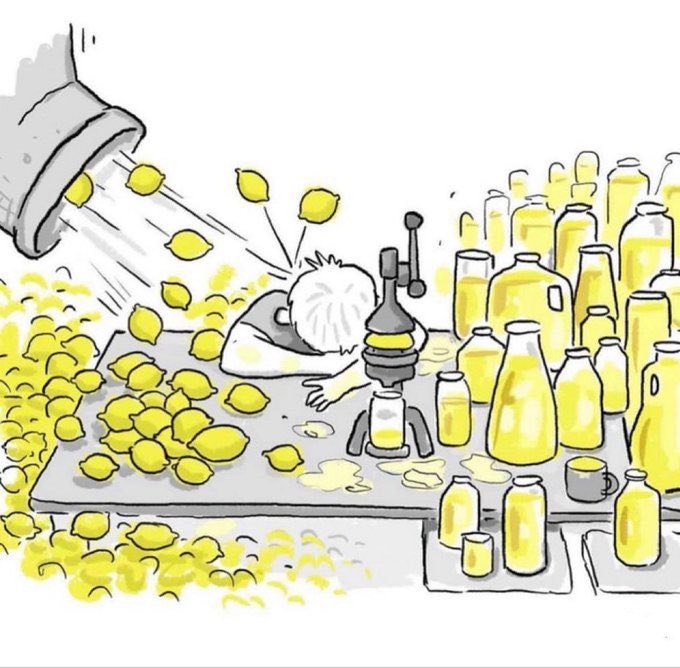 A cartoon illustration of an exhausted person slumped over a table, surrounded by bottles of lemon juice being filled by lemons pouring from a giant juicer.